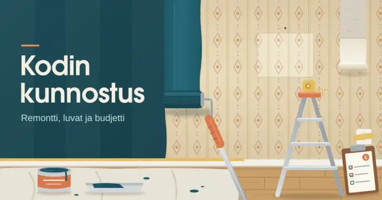 Maalitela peittää vanhaa kuviotapettia tuoreella petroolinsinisellä maalilla, lattialla on maalipurkki, maalikaukalo, tikkaat ja budjettimuistilista, ja maalatulla seinällä lukee "Kodin kunnostus – Remontti, luvat ja budjetti".