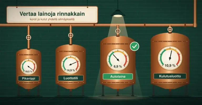 Neljä kuparista panimosäiliötä edustavat pikavippiä, luottotiliä, autolainaa ja kulutusluottoa, ja jokaisen säiliön mittari näyttää lainan koron, kun taas valokeila ja vihreä merkki korostavat edullisinta autolainaa kyltin "Vertaa lainoja rinnakkain" alla.