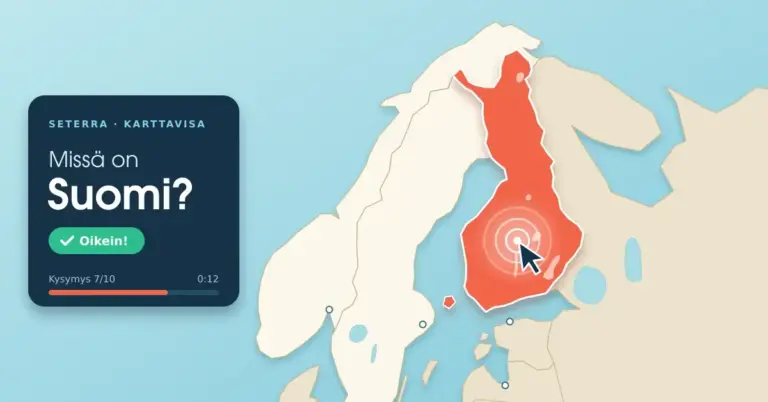 Tyylitelty Pohjois-Euroopan kartta, jossa Suomi on korostettu korallinpunaisella ja hiiren osoitin klikkaa sitä, ja vieressä tummansininen visakortti kysyy "Missä on Suomi?" ja näyttää vastauksen "Oikein!".