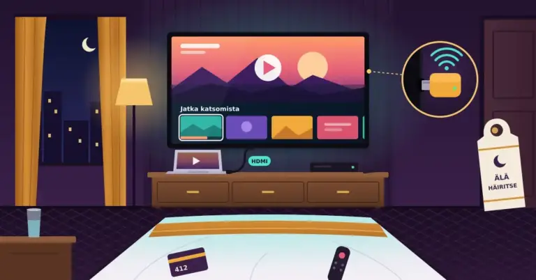 Iltainen hotellihuone, jossa sängyltä katsotaan seinätelevisiota, johon on kytketty kannettava tietokone HDMI-johdolla ja suoratoistotikku, ruudulla näkyy suoratoistopalvelun ”Jatka katsomista” -näkymä ja oven kahvassa roikkuu ”Älä häiritse” -kyltti.
